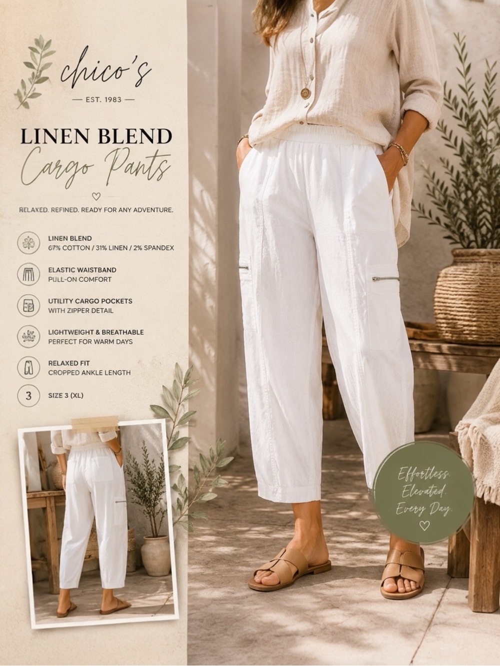 Chico's White Linen-Blend Cropped Cargo Pants